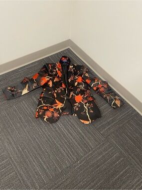 SWOTgdoby Embroidered Black Blazer with Orange Floral Accents